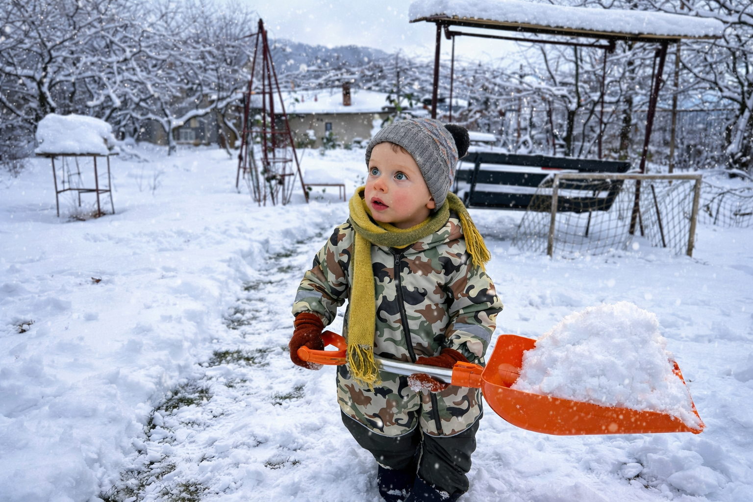 mike in snow with a shovel