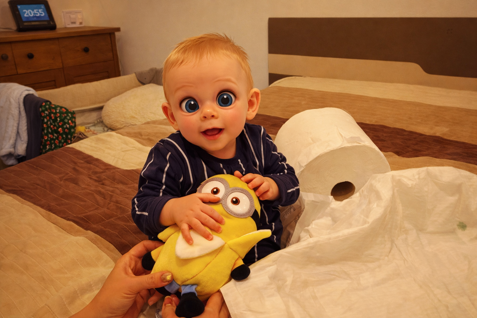 mike next to a roll of toilet paper