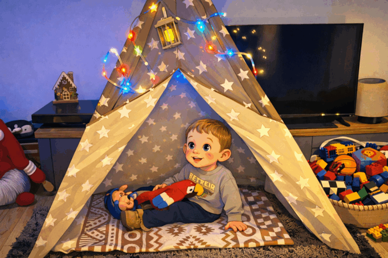 mike playing in an indoor tent
