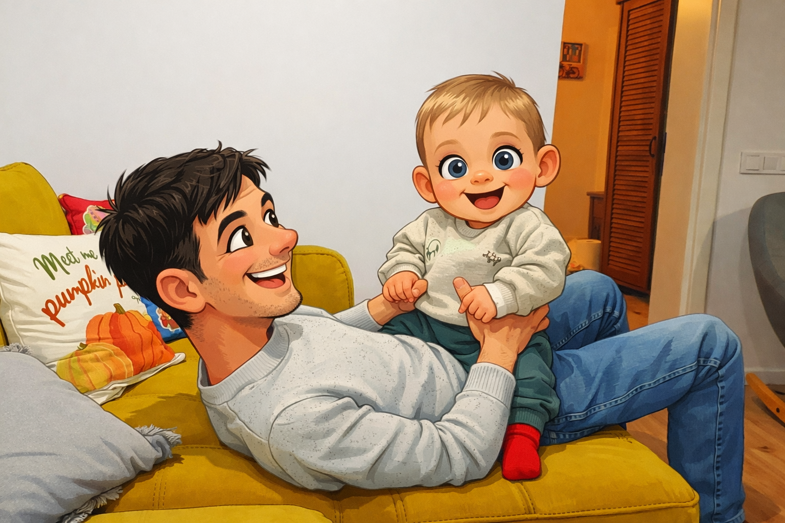 mike playing and learning with andy on the sofa
