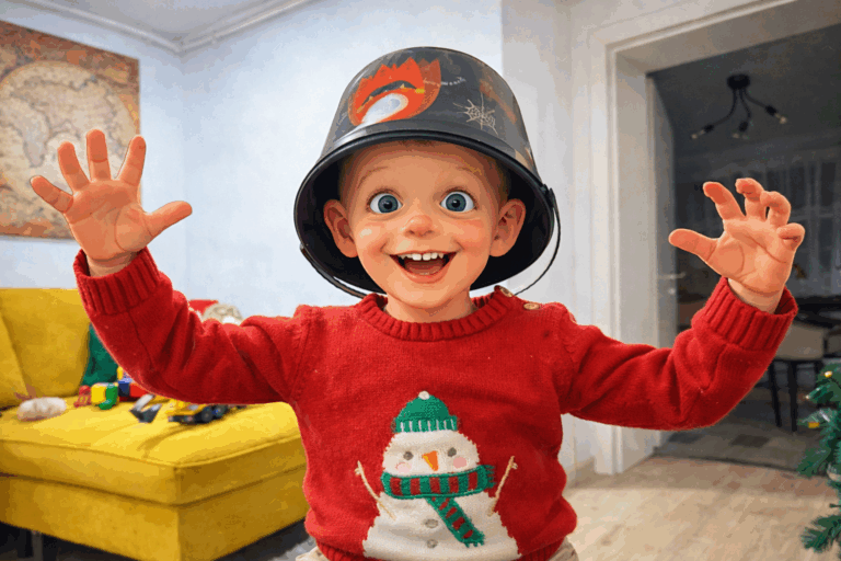 happy mike playing with bucket helmet