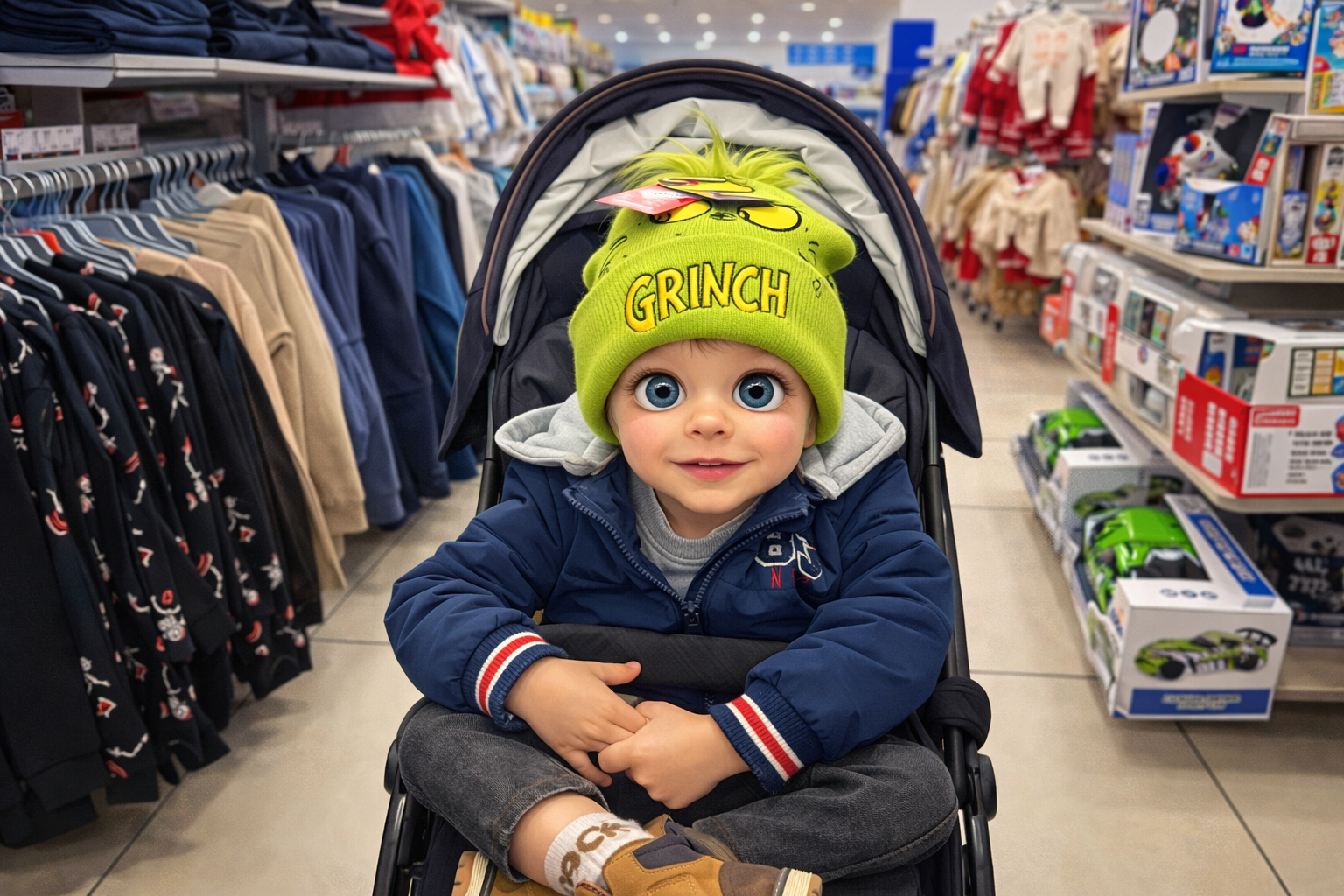mike with grinch hat at shopping
