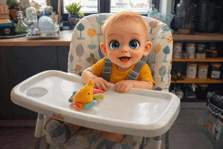 todler mike in baby chair eating