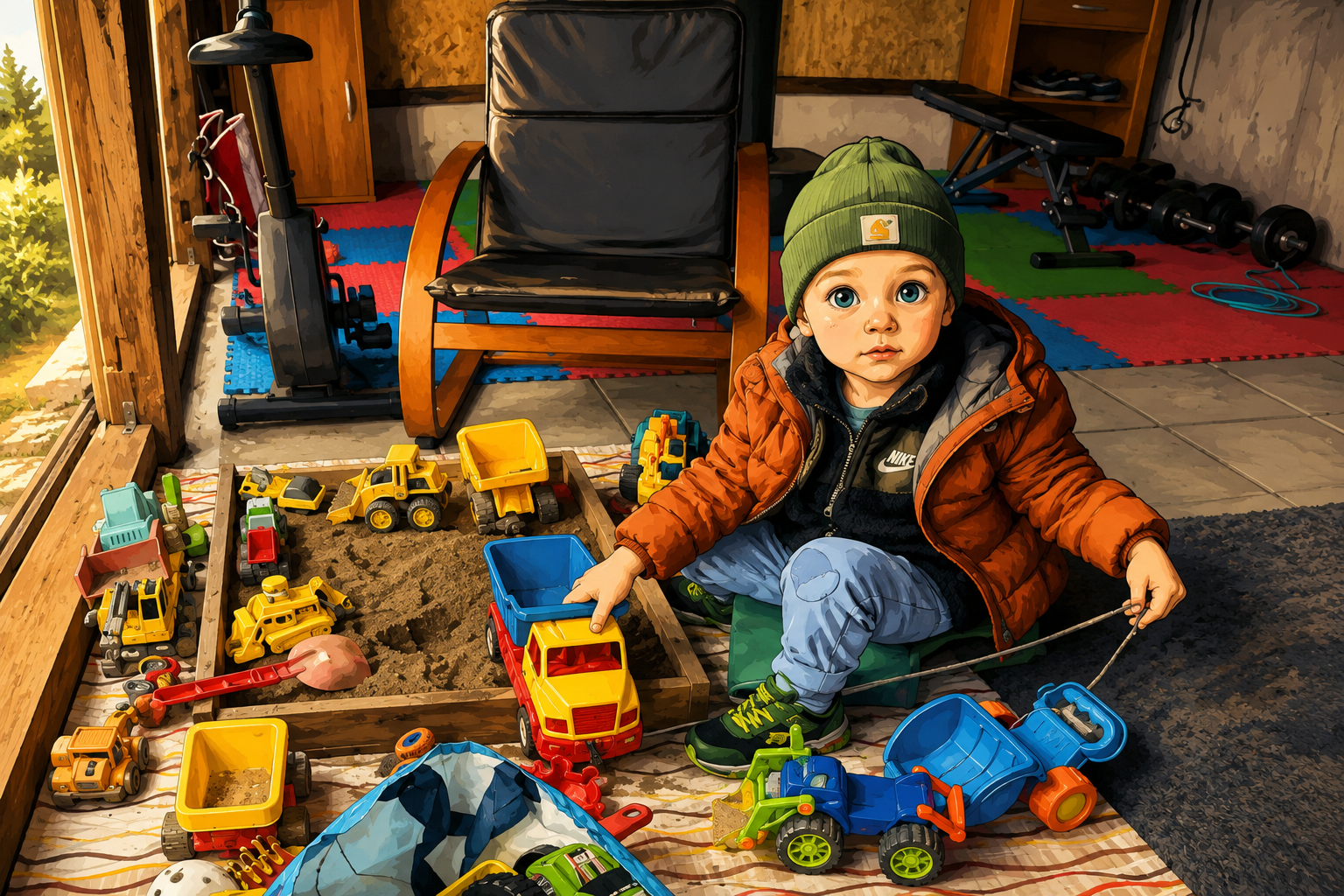 mike playing with toys in the sand