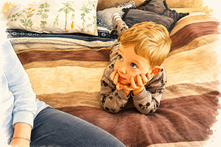 three year old mike sitting on bed