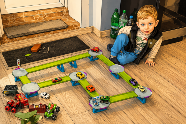 todler mike playing with his cars while having pneumonia