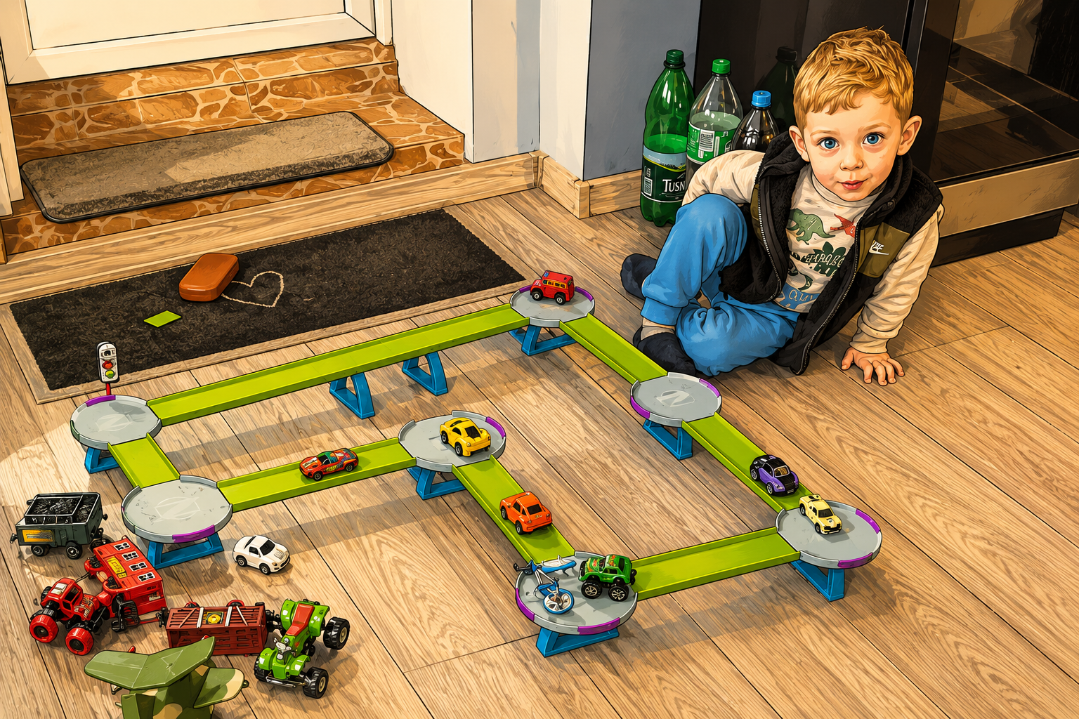 todler mike playing with his cars while having pneumonia